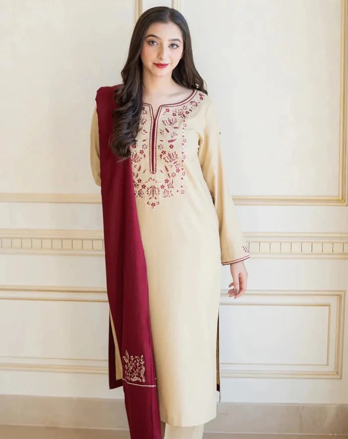 3PC EMBROIDERED DHANAK DRESS  WA-52 RP