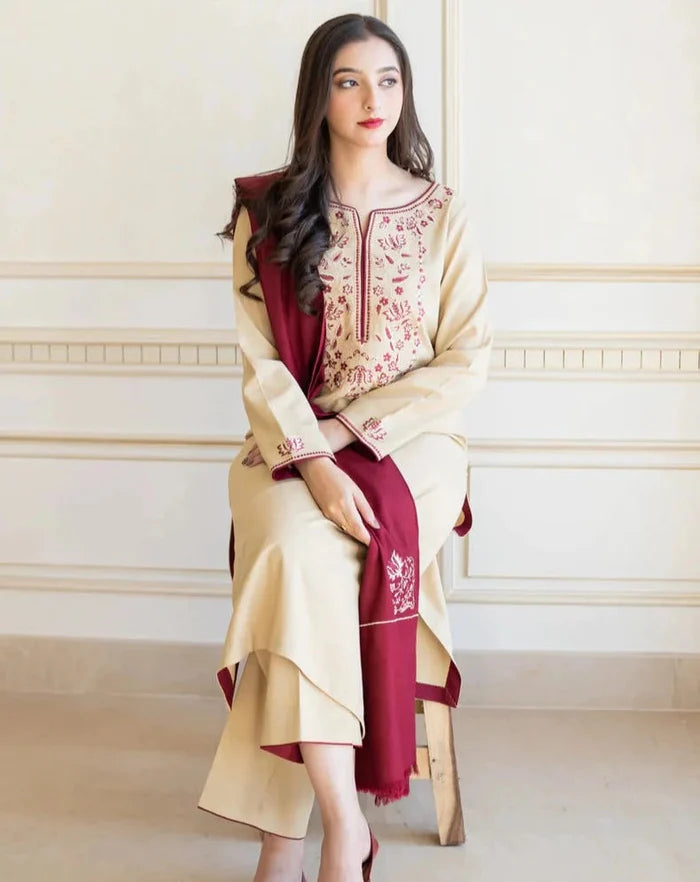 3PC EMBROIDERED DHANAK DRESS  WA-52 RP