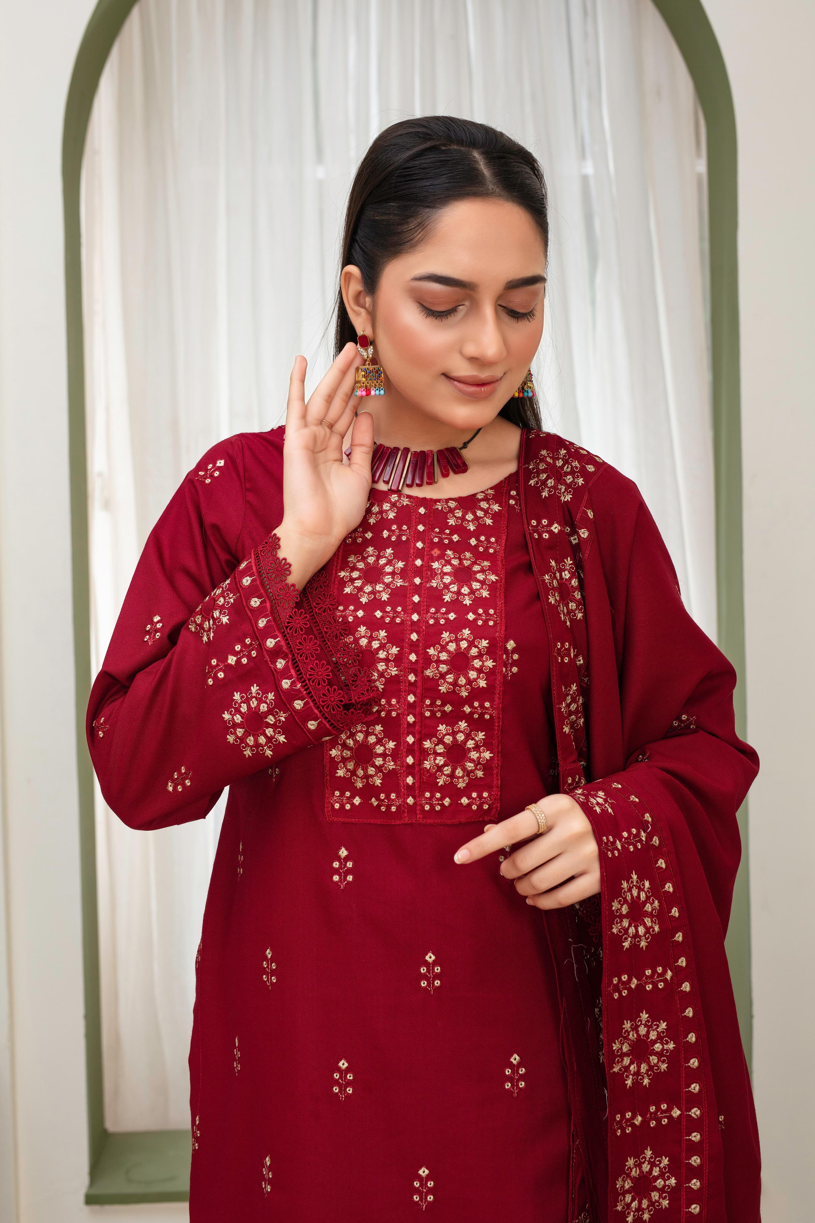 3PC EMBROIDERED DHANAK DRESS  WA-89 RP