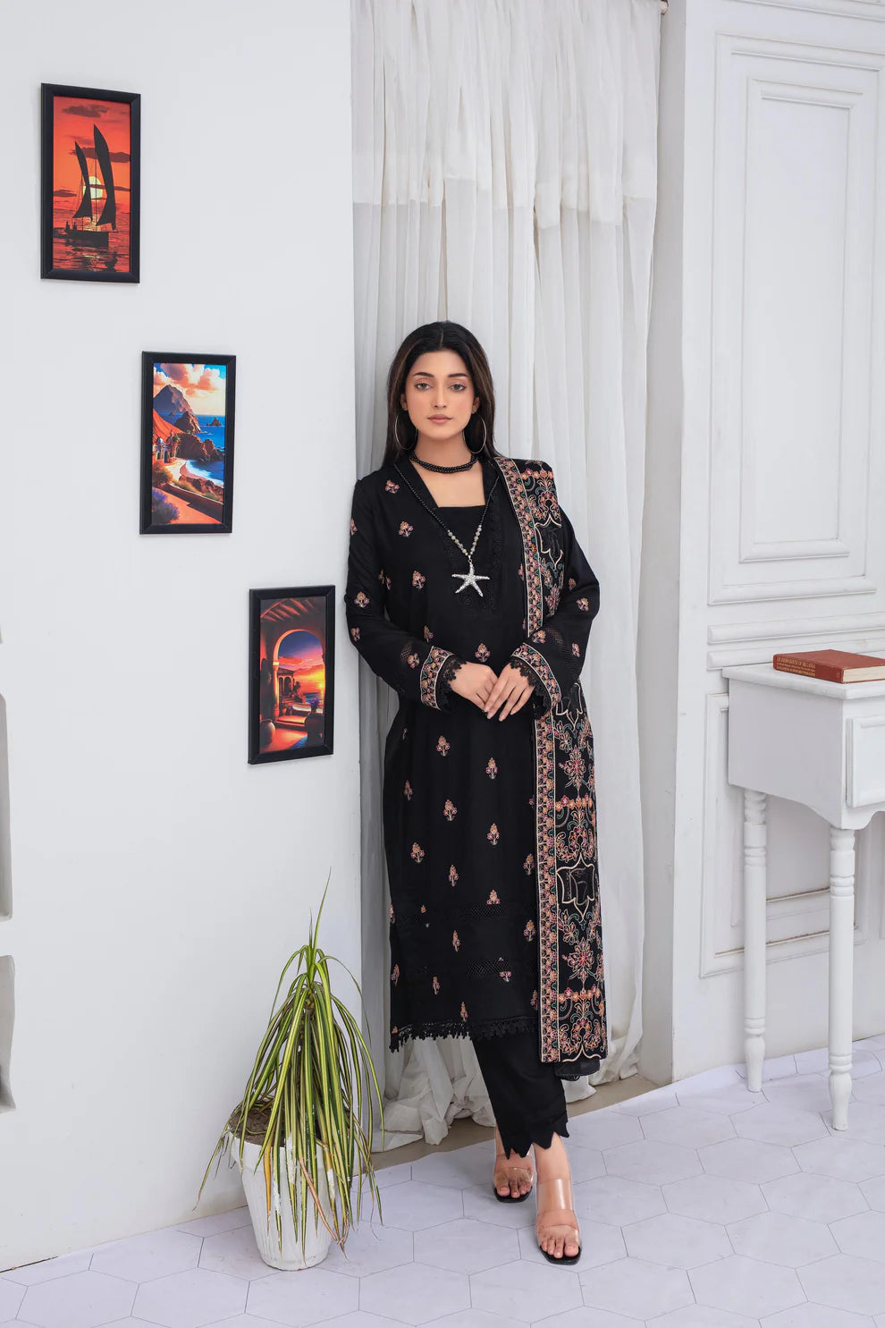 3PC EMBROIDERED DHANAK DRESS  WA-73 RP