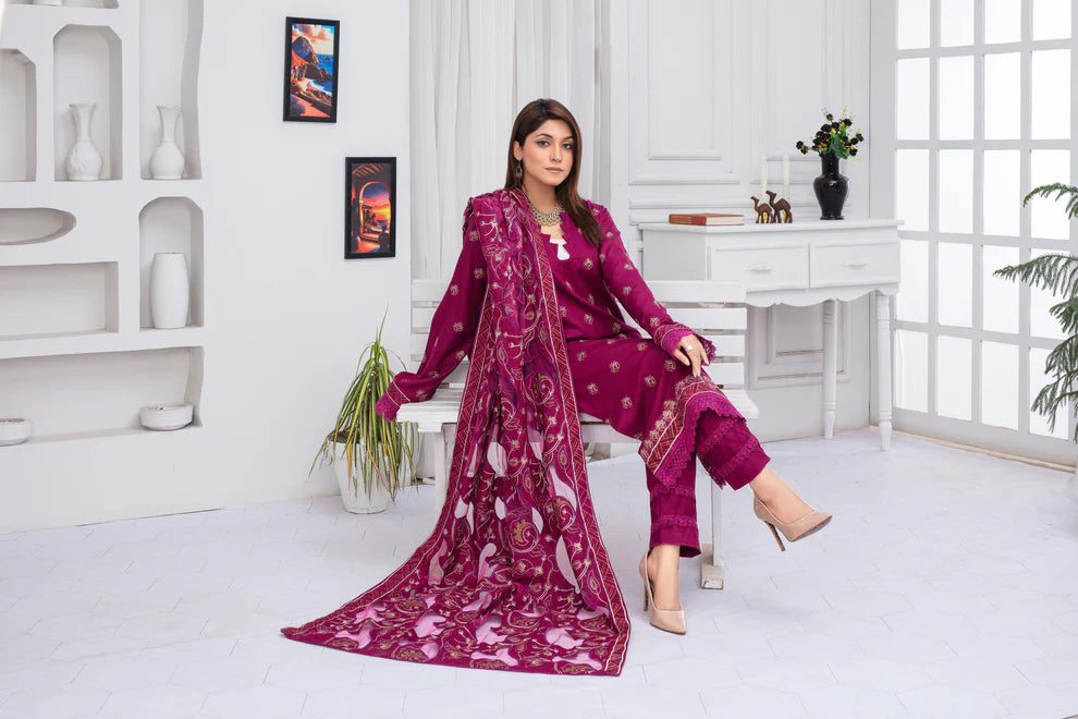 3PC EMBROIDERED DHANAK DRESS  WA-75 RP