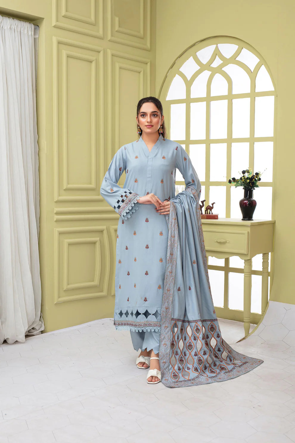 3PC EMBROIDERED DHANAK DRESS  WA-77 RP