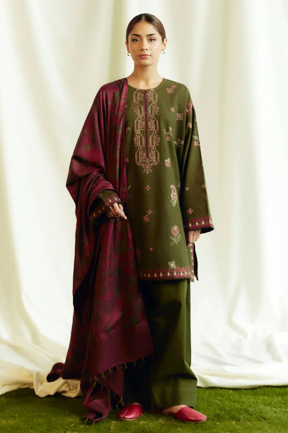 3PC EMBROIDERED DHANAK DRESS  WA-70 RP