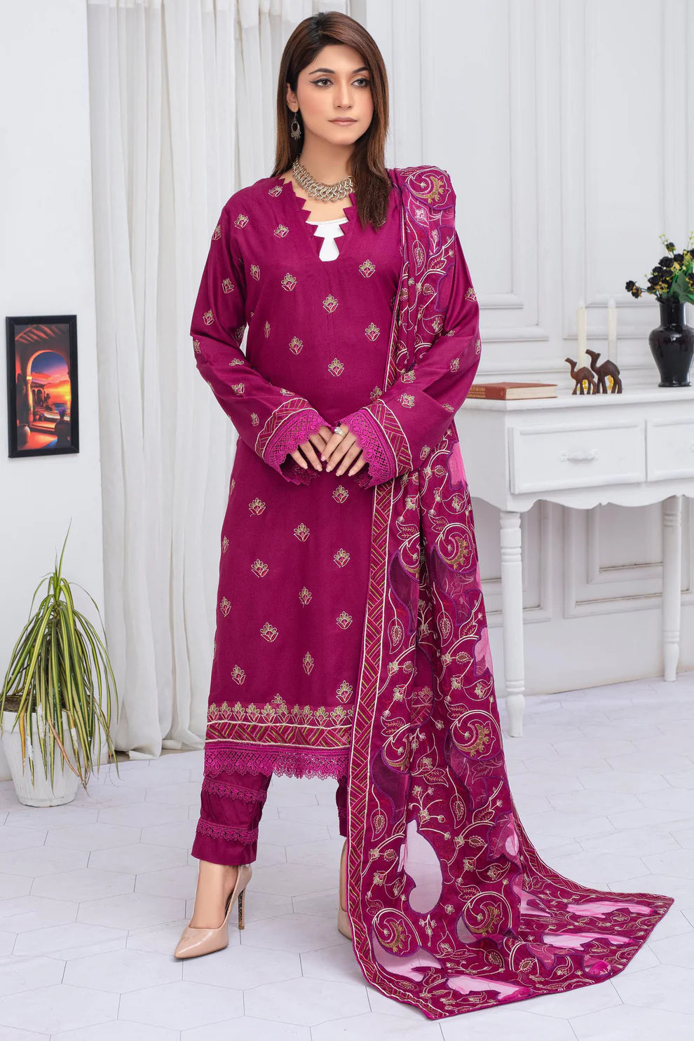 3PC EMBROIDERED DHANAK DRESS  WA-75 RP