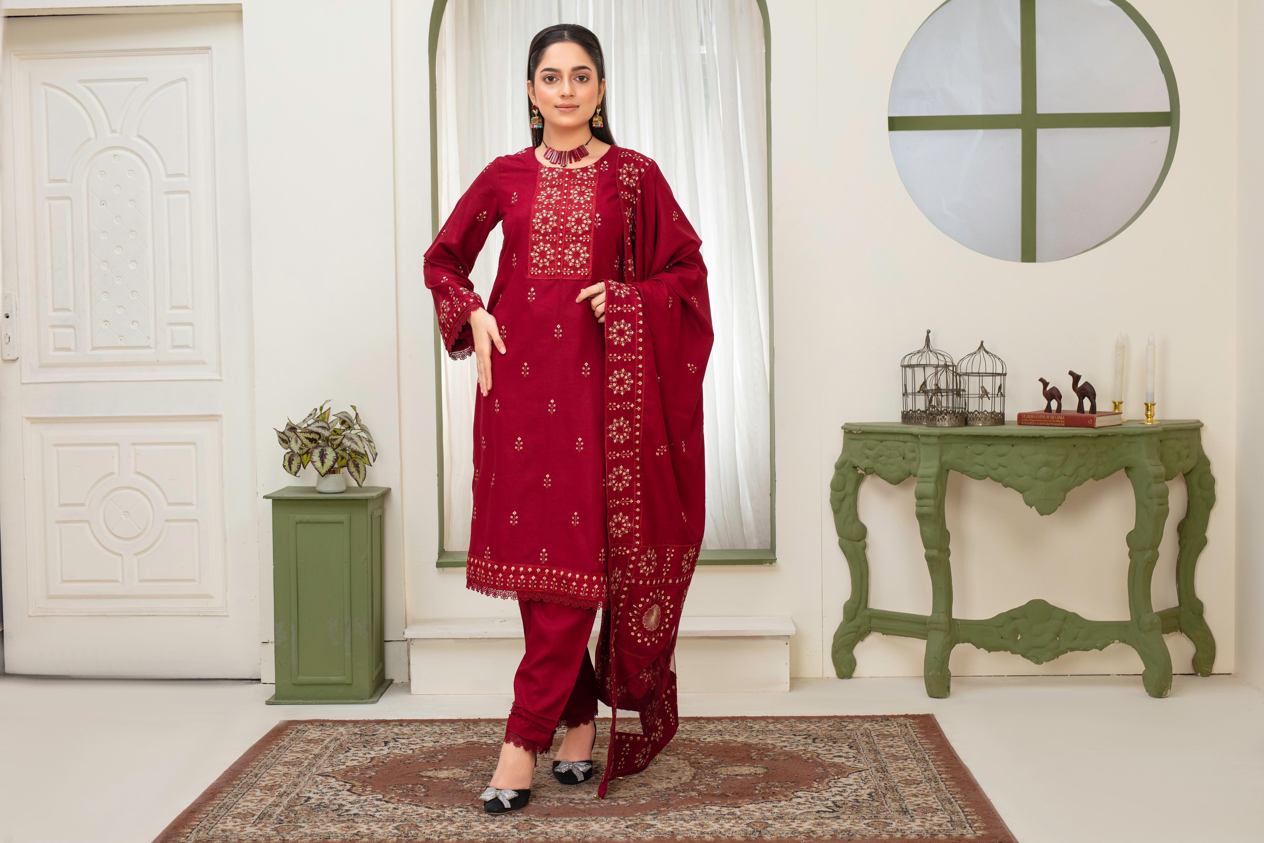 3PC EMBROIDERED DHANAK DRESS  WA-89 RP