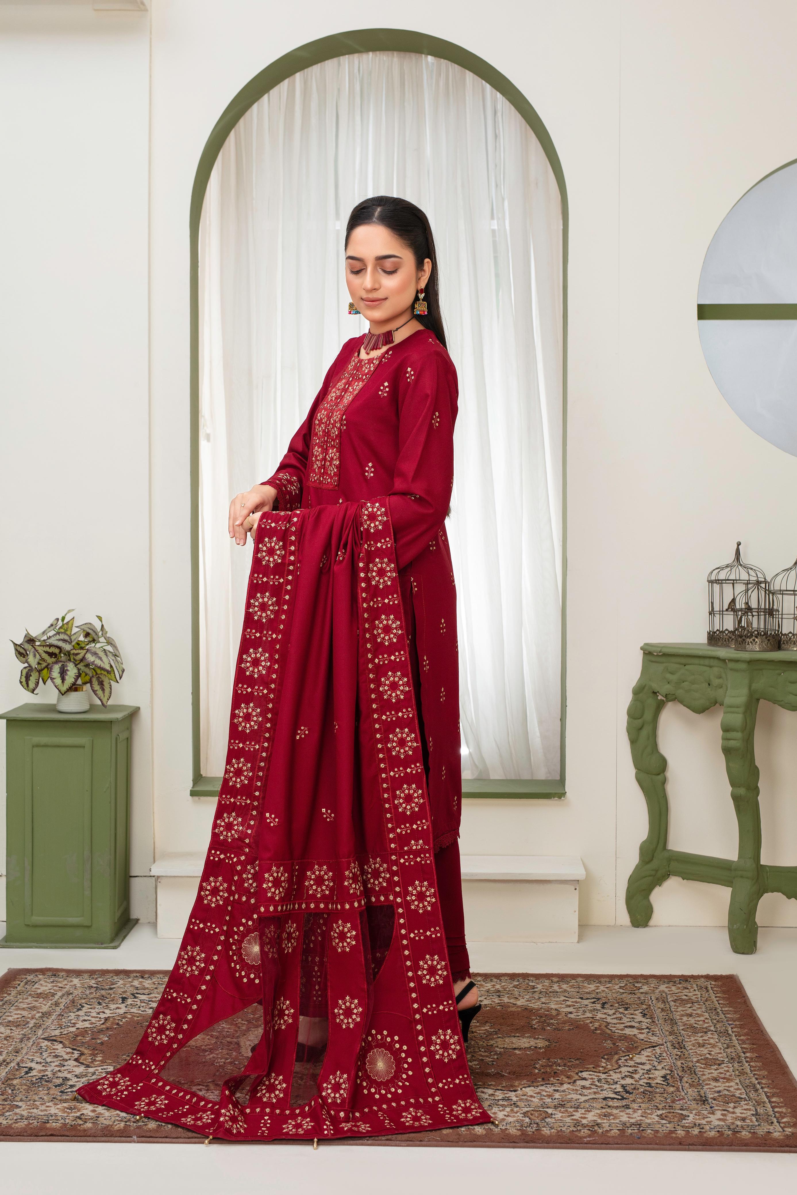 3PC EMBROIDERED DHANAK DRESS  WA-89 RP