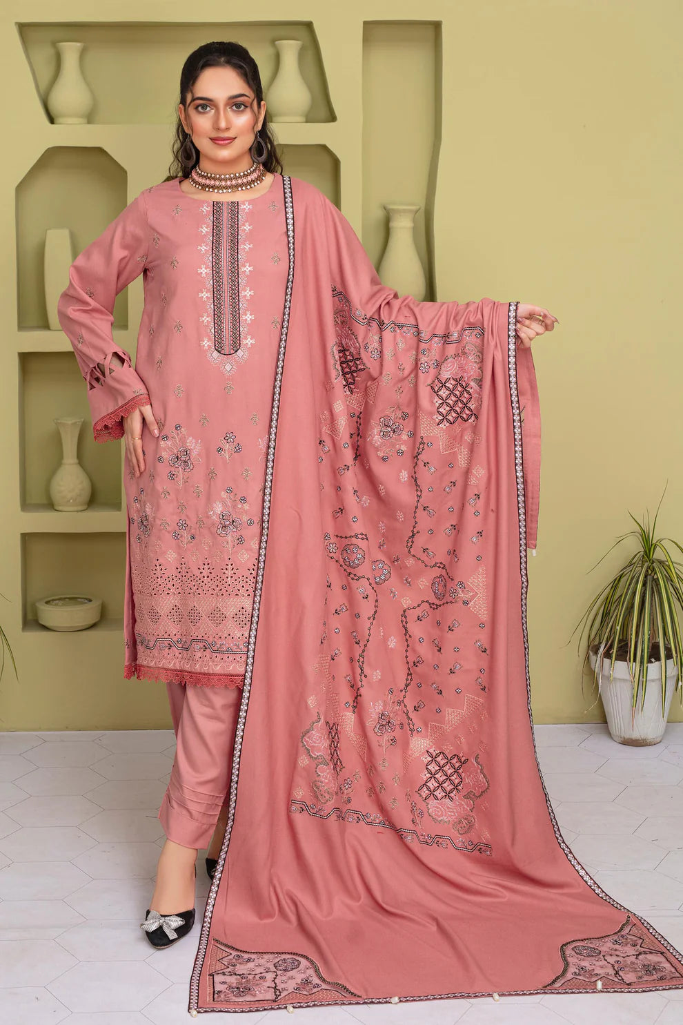 3PC EMBROIDERED DHANAK DRESS  WA-78 RP