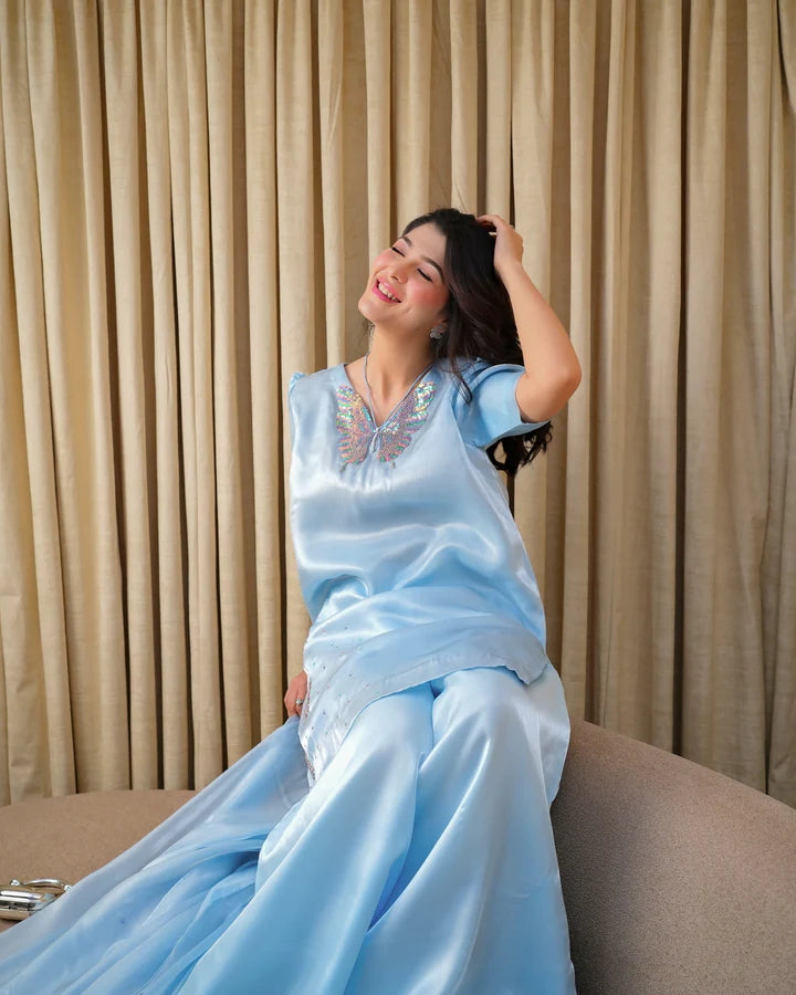 Azure Bloom Sky Blue Hemel Silk Suit with matching dupatta by WEAR AGAIN