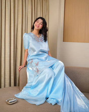 Front view of Azure Bloom Sky Blue Hemel Silk 3 Piece Suit by WEAR AGAIN