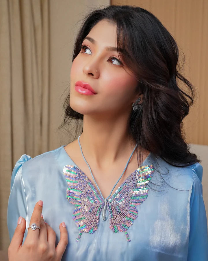 Hand embellished neckline of Azure Bloom Sky Blue Hemel Silk Suit by WEAR AGAIN