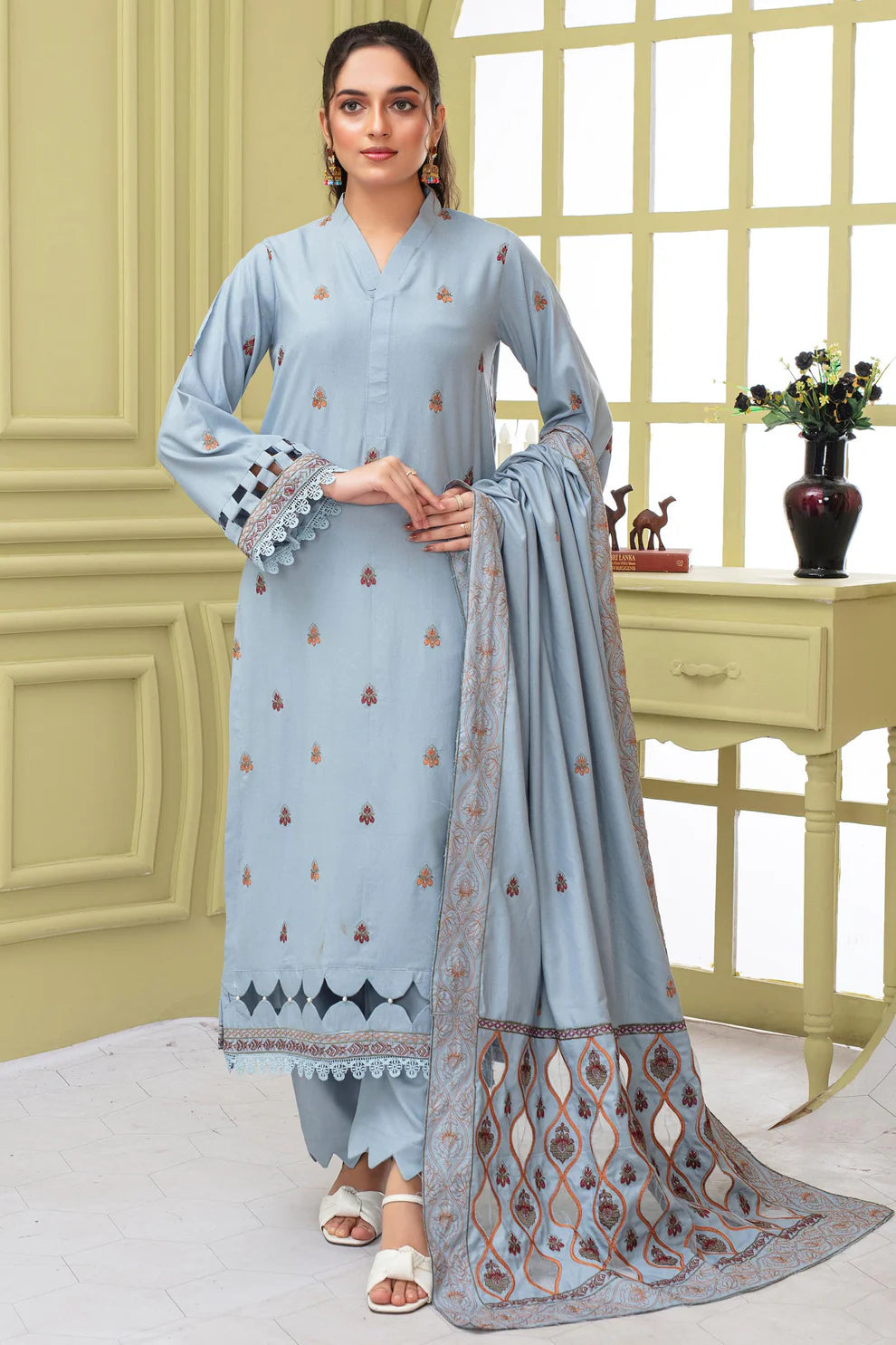 3PC EMBROIDERED DHANAK DRESS  WA-77 RP